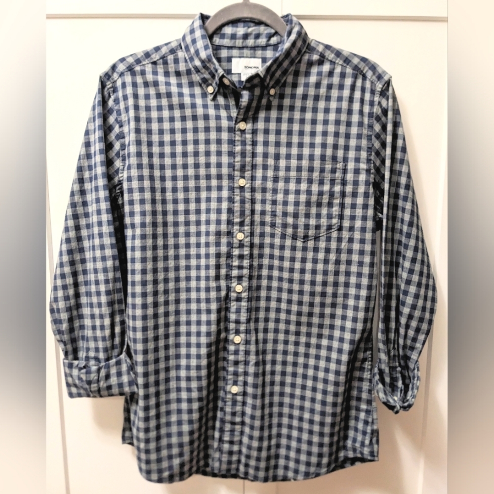 SONOMA, Gingham woven top, Button down, Navy and Grey, Size Small.